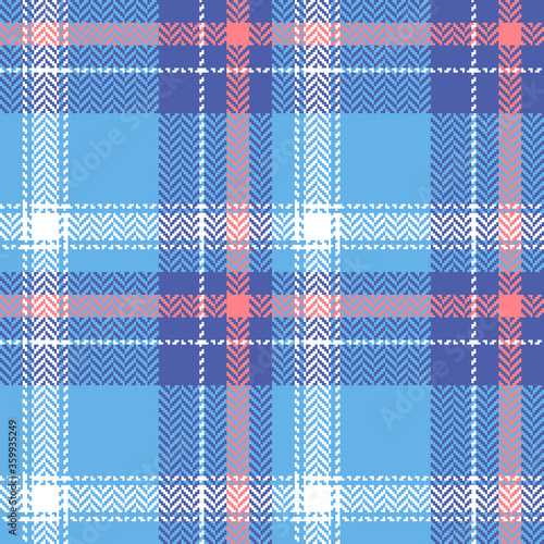 Plaid pattern vector in bright blue, coral pink, and white. Seamless herringbone check plaid for flannel shirt, tablecloth, skirt, or other modern spring, summer, autumn textile design.
