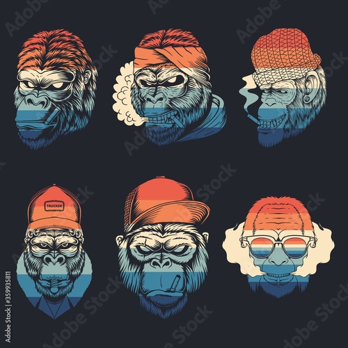 monkey smoke collection retro vector illustration