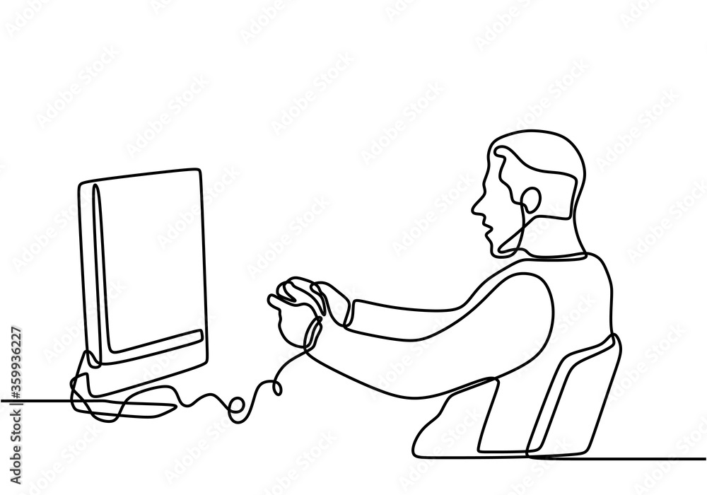 A young man with headset looking at monitor computer. Continuous one line  drawing of a gamer playing games with computer monitor, headphone, mouse,  and keyboard. Sparring game online concept 2099823 Vector Art