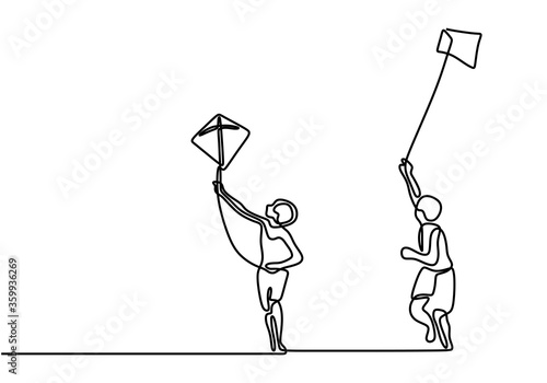 One continuous line drawing of two boy playing to fly kite up into the sky at outdoor field. Freedom and passion creative theme hand drawn minimalist conceptual design. Vector illustration