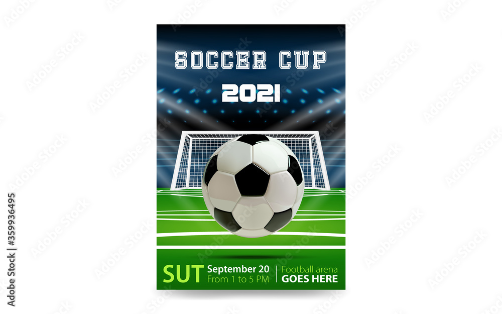 Obraz premium Football flyer, ticket or banner background. Soccer or football ball on modern background. Football abstract design template for soccer covers design