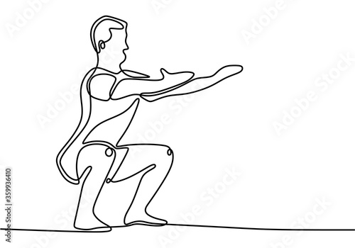 One continuous drawn line of yoga drawn from the hand picture silhouette. Young mane doing stretching straightened hands forward and knees bent like sitting in a chair. Vector illustration