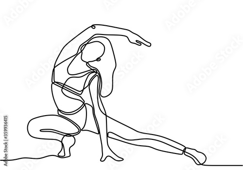 Woman stretching his legs and arms on yoga exercise. Energetic girl doing exercise in yoga continuous one line draw design isolated on white background. Minimalist style vector design illustration