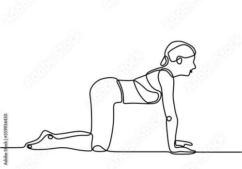 Woman doing yoga exercise continuous one line vector illustration minimalism style. Energetic young girl doing exercise cat and cow yoga pose rests on both knees and palms touch the floor.