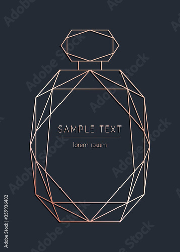 Vector geometric perfume bottle. Modern design template for wedding or birthday invitation, brochure, poster or business card. Rose gold color