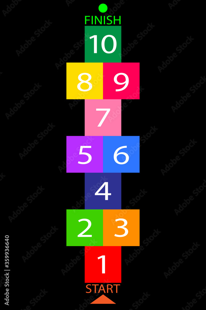 Hopscotch. Children's game 'classes' colored with white numbers on a isolated black background Hopscotch. Children's game 'classes' colored with white numbers on a isolated black background