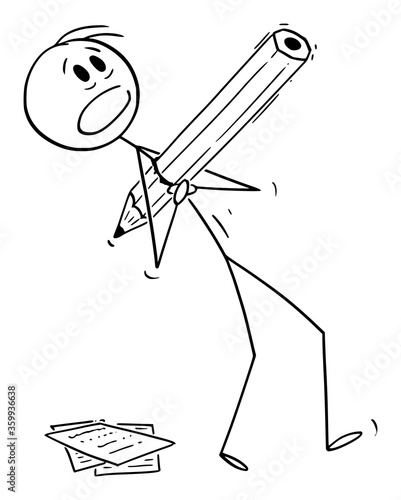 Vector cartoon stick figure drawing conceptual illustration of man, journalist, novelist, author, office worker, artist or politician pierced to heart by big pencil.