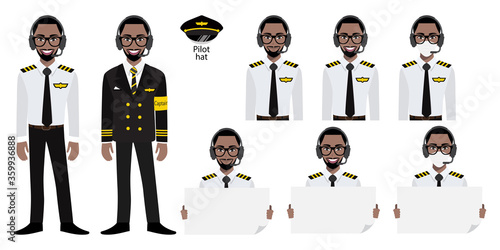 Cartoon character with Amarican African airline captain in uniform with smile , medical mask and holding poster template. Set of vector isolated illustrations