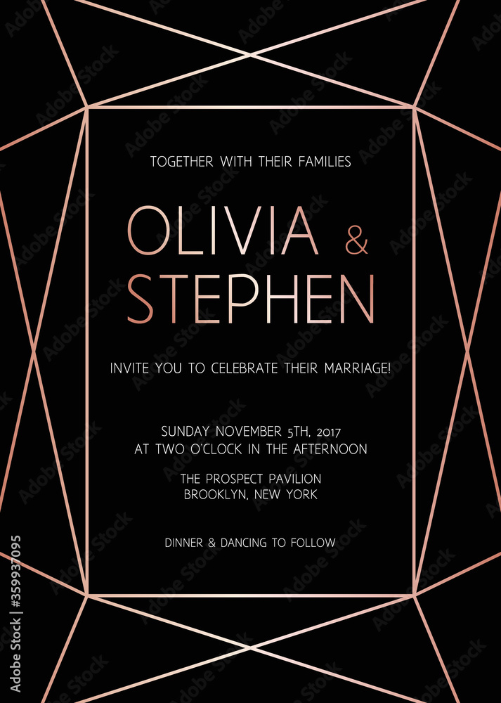 Fototapeta Vector modern design template for wedding invitation. Art Deco geometric rose gold pattern on black background