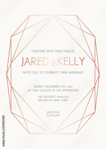 Vector modern design template for wedding invitation. Background with rose gold diamond