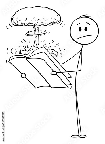 Vector cartoon stick figure drawing conceptual illustration of shocked man reading surprising explosive information or news in magazine,journal or newspapers.