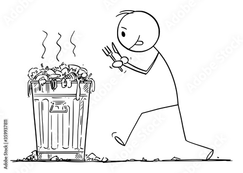 Vector cartoon stick figure drawing conceptual illustration of hungry man with fork and knife is going to eat junk food from garbage can.