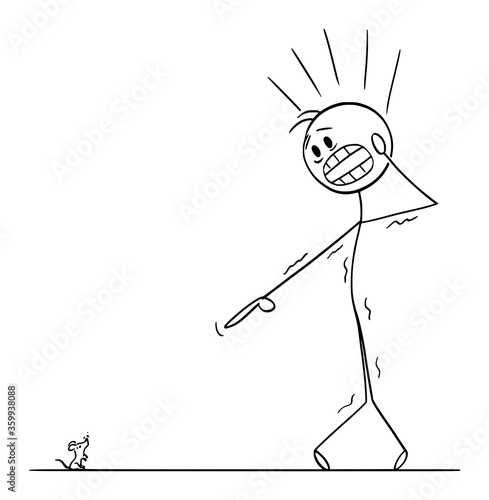 Vector cartoon stick figure drawing conceptual illustration of frightened man with musophobia watching small mouse or mice and undergoes panic attack.