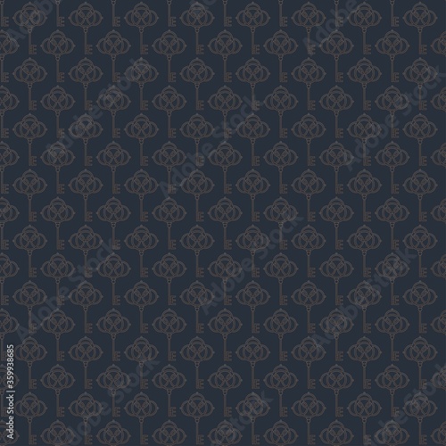 Golden Keys. Vintage, Retro style. Minimalistic Icons. Graphic Vector Seamless Pattern. Repeating square Wallpaper. Elegant geometric design. Trendy illustration. Dark blue background