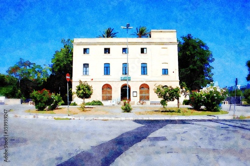 watercolorstyle representing the station building of Otranto in Salento in Puglia, Italy photo