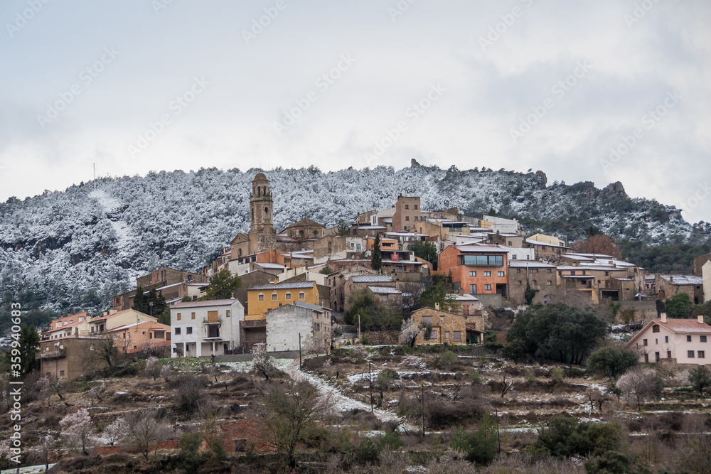 Postcard of the medieval town of Capafonts (in Catalonia, Spain) full of snow
