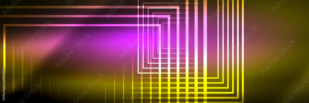 Shiny neon glowing techno lines, hi-tech futuristic abstract background template with square shapes