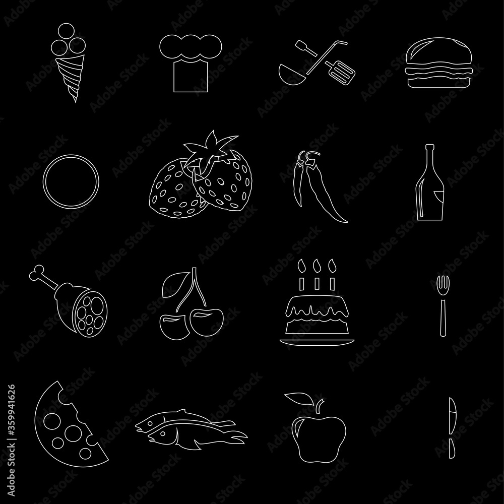 Food icons editable line icons vector set on black and white background. Food icons white outline illustrations, signs, symbols