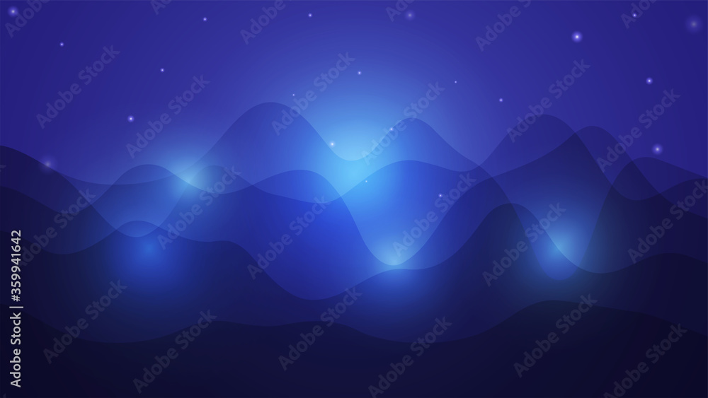 Abstract gradient dynamic blue background with waves and shiny sparkles