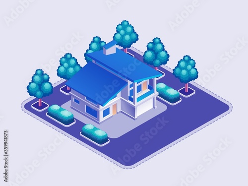 Private House. Isometric view at exterior of a two-storey modern house along with a garden around it. Vector illustration on the theme of Realty.