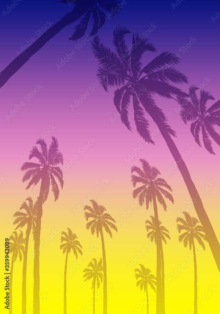 Summer tropical background with palm trees and sunset, vector art illustration.