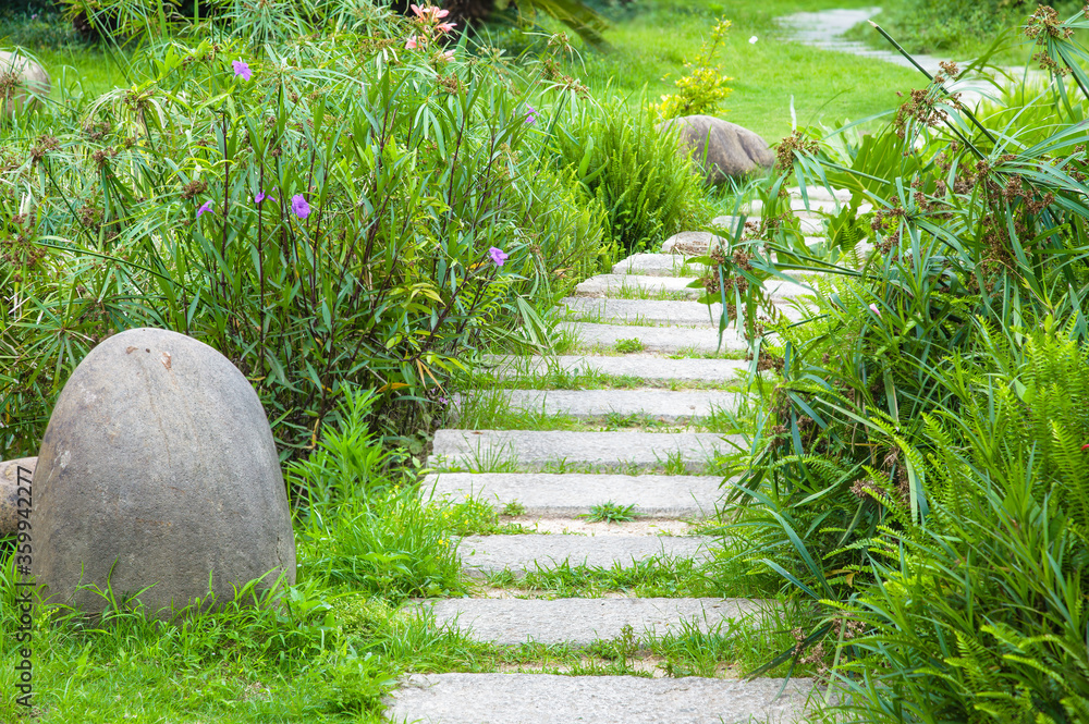 Obraz premium The stone walkway winding its way through a tranquil summer garden