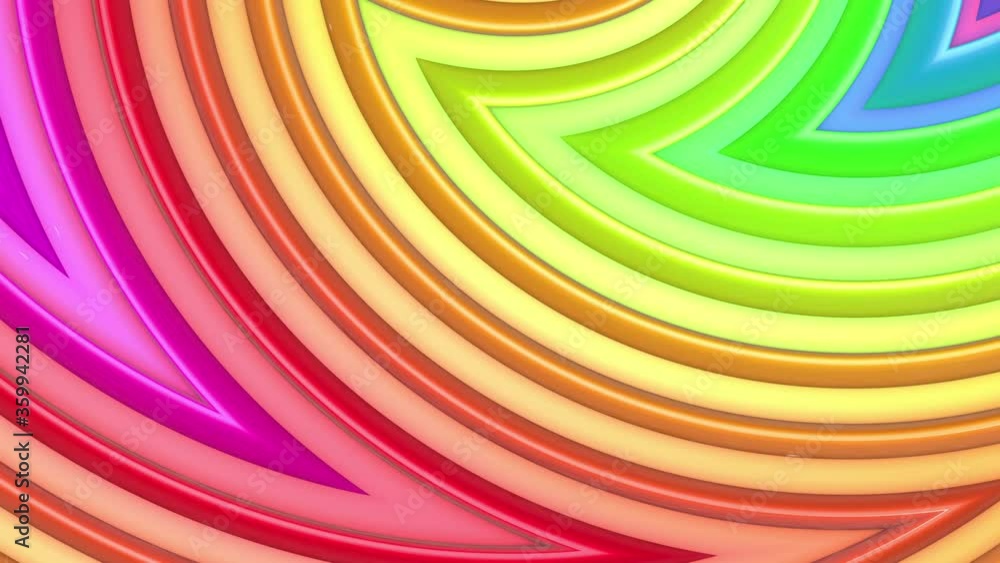 Rainbow multicolored stripes move cyclically in simple geometry cartoon creative style. Abstract 3d seamless bright background in 4k. Looped smooth animation. Curves Rainbow multicolored stripes move cyclically in simple geometry cartoon creative style. Abstract 3d seamless bright background in 4k. Looped smooth animation. Curves