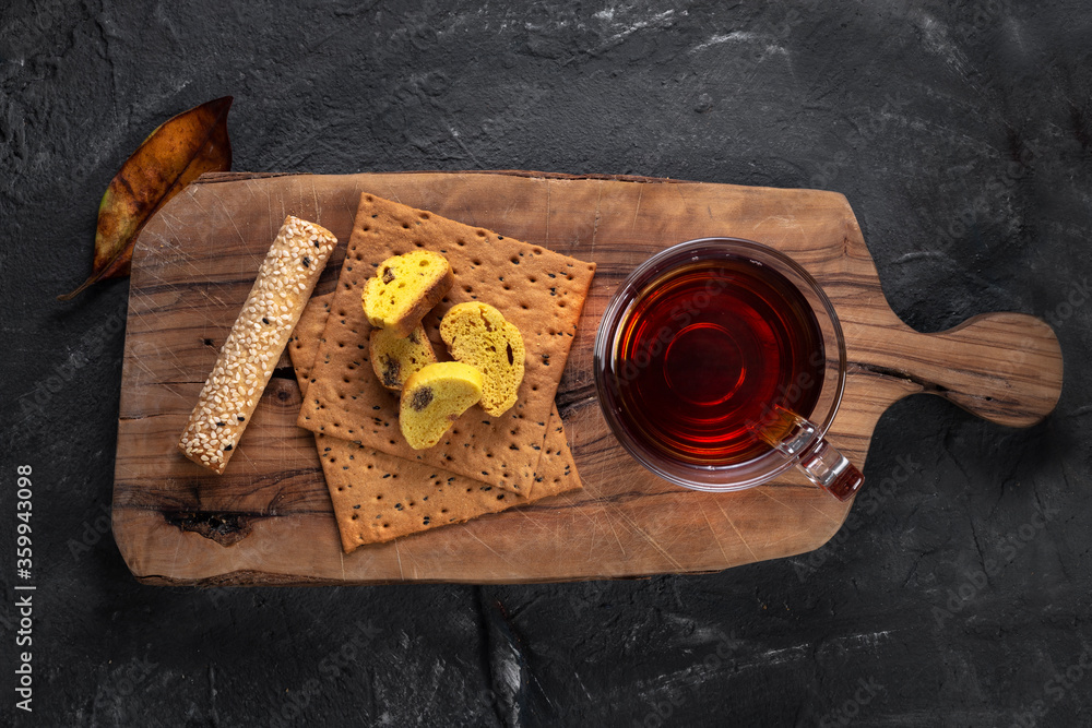 Wooden presentation and snack on stone floor Wooden presentation and snack on stone floor