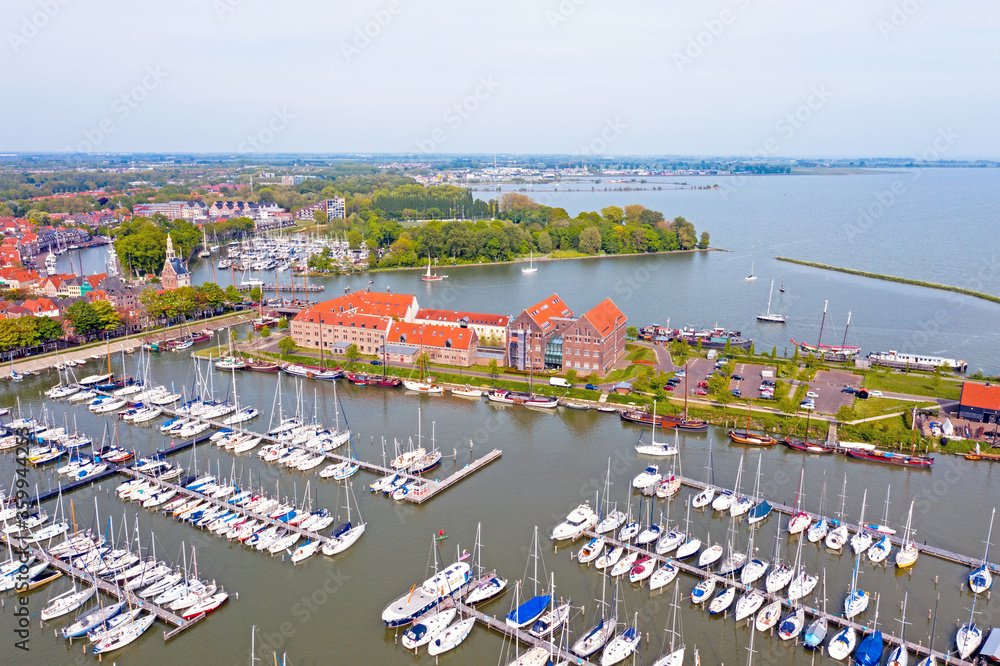 Aerial from the harbor and city Hoorn in the Netherlands