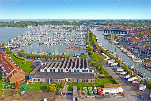 Aerial from the harbor and city Monnickendam in the Netherlands