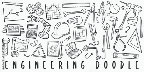 Engineering Doodle Line Art Illustration. Hand Drawn Vector Clip Art. Banner Set Logos.
