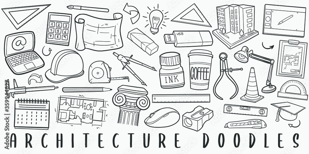 Architecture Doodle Line Art Illustration. Hand Drawn Vector Clip Art. Banner Set Logos. Architecture Doodle Line Art Illustration. Hand Drawn Vector Clip Art. Banner Set Logos.