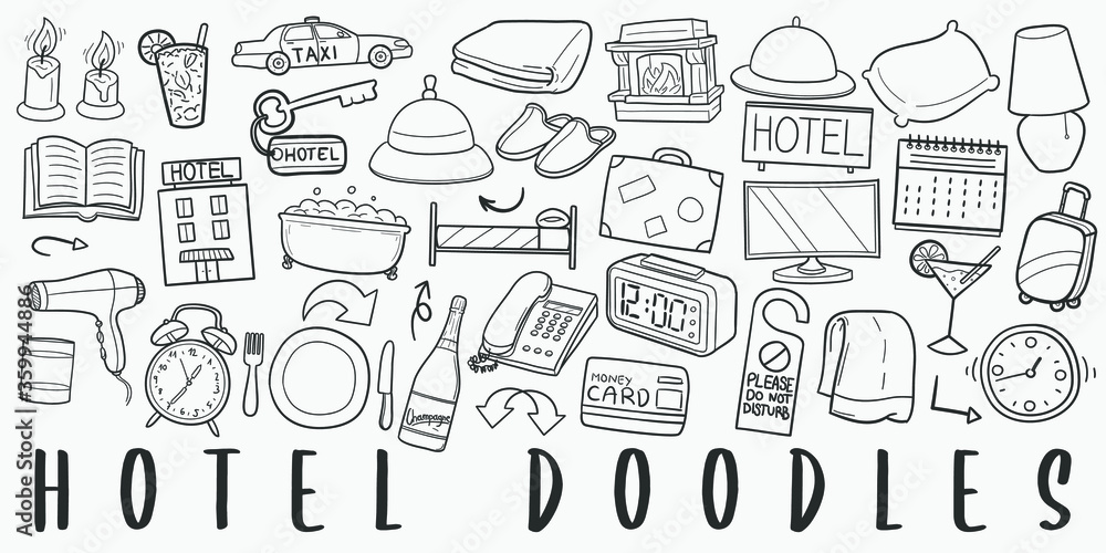 Hotel Doodle Line Art Illustration. Hand Drawn Vector Clip Art. Banner Set Logos. Hotel Doodle Line Art Illustration. Hand Drawn Vector Clip Art. Banner Set Logos.