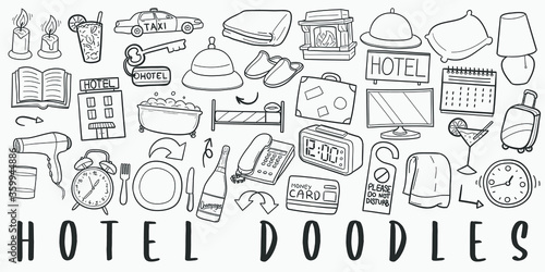 Hotel Doodle Line Art Illustration. Hand Drawn Vector Clip Art. Banner Set Logos.