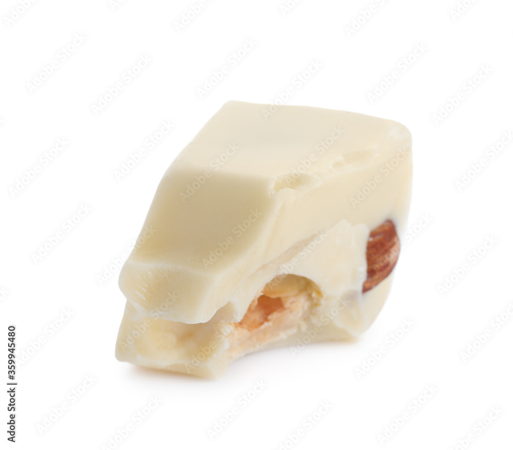 Piece of delicious chocolate with nuts isolated on white Piece of delicious chocolate with nuts isolated on white