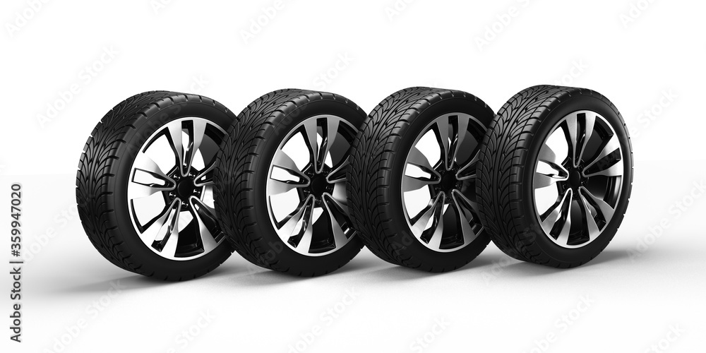 Four car wheels isolated on white background, in a row. 3D rendering illustration.