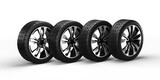 Four car wheels isolated on white background, in a row. 3D rendering illustration.