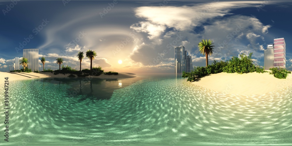 Beach with palm trees of a modern city, HDRI, environment map , Round panorama, spherical panorama, equidistant projection, 360 high resolution panorama