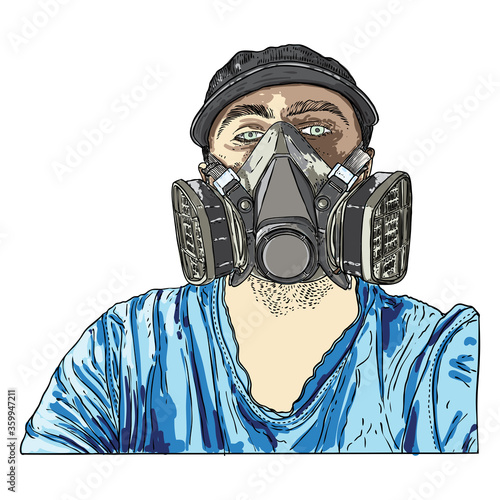 Man wearing protective and medical mask to prevent coronavirus COVID-19 disease. New Normal concept illustration. Person portrait in face mask for infection prevention. Vector.