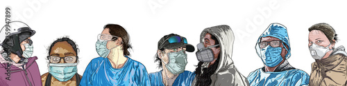 Novel coronavirus COVID-19 new normal social concept. Composition of people in protective and medical face masks. Prevention and quarantine from infections, flu contaminated air pollution. Vector.