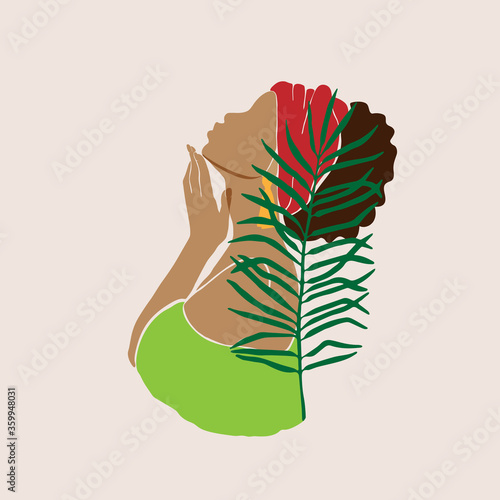 Abstract female profile portrait. Beautiful African American, Latina, white woman holds a hand near the face. Modern design for spa, beauty salons Vector illustration