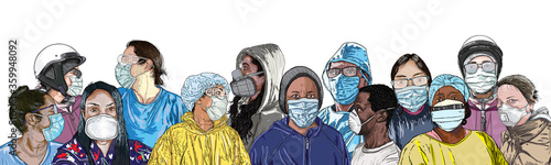 Novel coronavirus COVID-19 new normal social concept. Composition of people in protective and medical face masks. Prevention and quarantine from infections, flu contaminated air pollution. Vector.