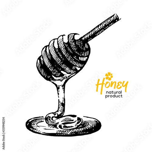 Hand drawn sketch honey background. Vintage vector illustration of spoon