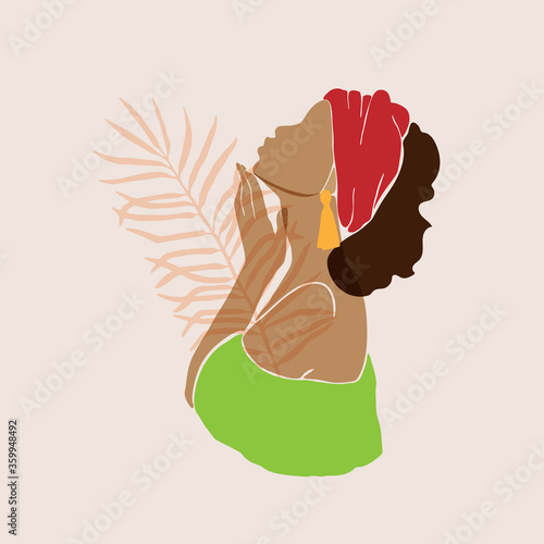 Abstract female profile portrait. Beautiful African American, Latina, white woman holds a hand near the face. Modern design for spa, beauty salons Vector illustration