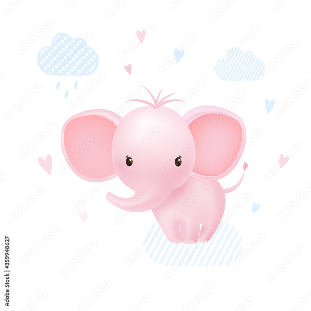 Pink baby girl elephant happy with hearts and clouds. Pink baby girl elephant happy with hearts and clouds.