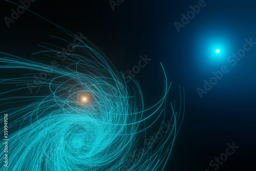 Blue energy vortex near a binary stars system (blue and orange star) [3D Rendering]
