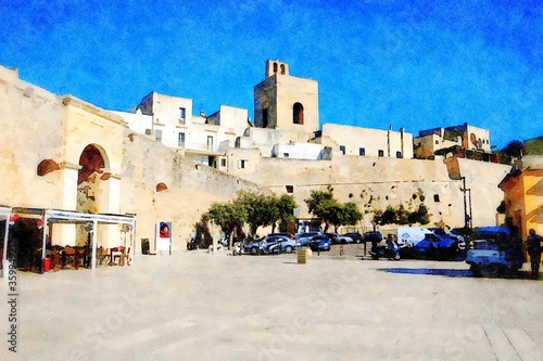 watercolorstyle representing the square in front of the walls and gate of the ancient city of Otranto in Salento in Puglia, Italy photo