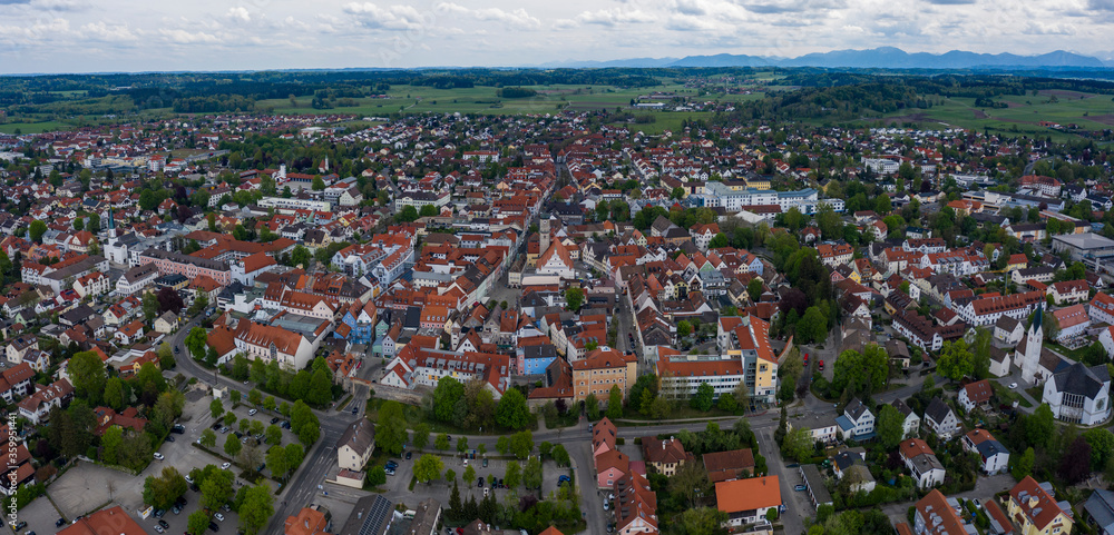  Aerial view of the city Weilheim in Oberbayern in Germany, Bavaria on a cloudy spring day during the coronavirus lockdown.
