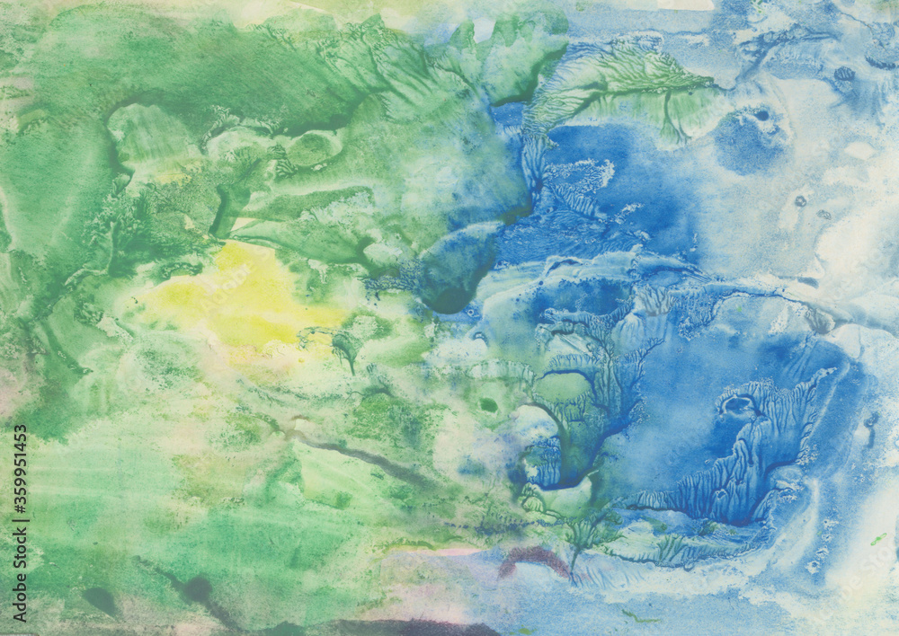 Fototapeta premium Abstract composition, picturesque background. Green, yellow, blue spots of watercolor paint on a delicate background, watercolor painting for your banner or cover design, packaging.