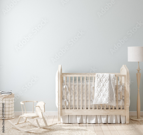 Cozy light blue nursery with natural wooden furniture, 3d render photo